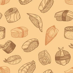 Sushi pattern. Vector seamless background with sea food