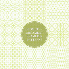 Collection of seamless ornamental geometric patterns. Trendy vintage oriental backgrounds. Green mosaic design