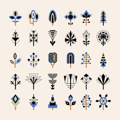 Geometrical plants. Trees bushes leaves flowers different shapes recent vector stylized plants