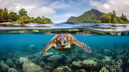 Sea turtle swimming in the ocean of a tropical island, split image above/under water. Turtle and oceans wallpaper.