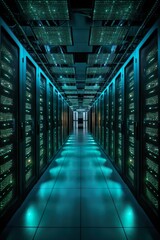 This image presents a large data center filled with rows of server racks and cooling systems. The servers process vast amounts of data, supported by AI algorithms for efficient analysis.