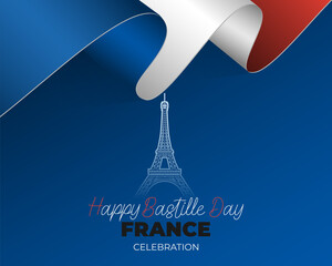 Holiday design, background with handwriting, Eiffel tower shape and national flag colors for Bastille day, France National holiday, celebration. Vector illustration