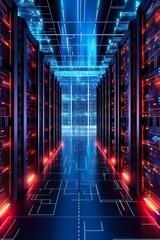 This image presents a large data center filled with rows of server racks and cooling systems. The servers process vast amounts of data, supported by AI algorithms for efficient analysis.