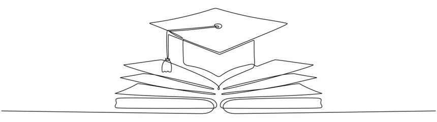 Graduation hat and open book continuous line drawing. Education linear concept. Vector illustration isolated on white. 