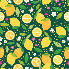 Seamless pattern with yellow lemons. Beautiful print with lemons, lemon slices, lemon flowers and leaves on dark green background. Botanical design. Vector illustration.