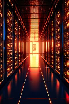 This image presents a large data center filled with rows of server racks and cooling systems. The servers process vast amounts of data, supported by AI algorithms for efficient analysis.