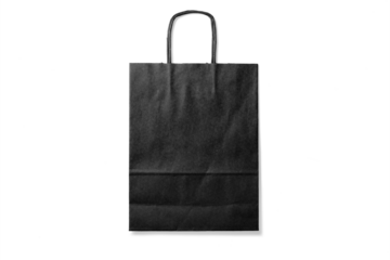 Black kraft paper shopping bag with handles isolated on a transparent background, PNG. High resolution.
