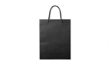 Black kraft paper shopping bag with handles isolated on a transparent background, PNG. High resolution.
