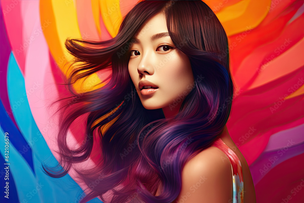 Wall mural High Korean Fashion model woman in colorful bright lights posing in studio, portrait of beautiful sexy female with trendy make-up. Art design, colorful make up. Generative AI