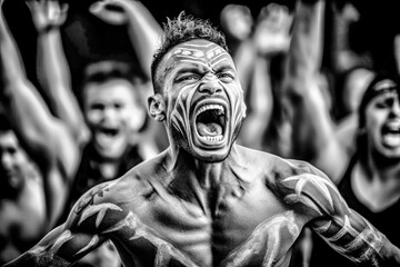 Obraz premium Black and White Photograph of a Traditional Rangatira Dance Haka Generative AI KI Digital Art Wallpaper Journal Background