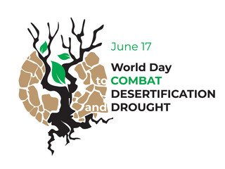 World Day to Combat Desertification and Drought June 17. Concept postcard, banner. Vector illustration of a dry tree on a desert background
