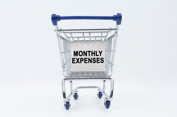 On a white background is a shopping cart with a sign that says - monthly expenses