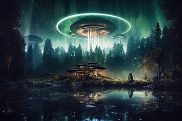 Fantasy landscape with magic forest at night. Fairy tale magic world. Nature background. Created with Generative AI