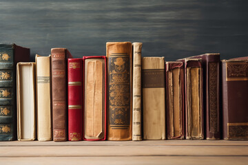 Naklejka premium Collection of old books on wooden background with copy space 