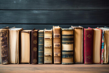 Collection of old books on wooden background with copy space 