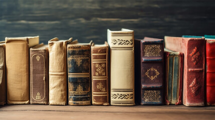 Collection of old books on wooden background with copy space 
