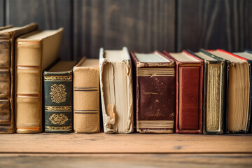 Collection of old books on wooden background with copy space 