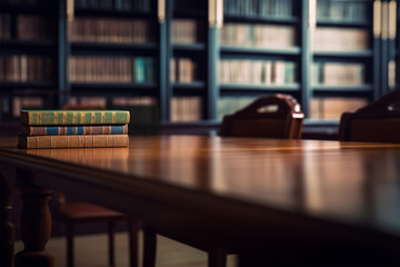 focused dark empty wooden table and blurred dark library in background with copy space 