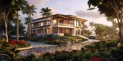 Fototapeta na wymiar modern villa with swimming pool building the house of the future ecological generative ai