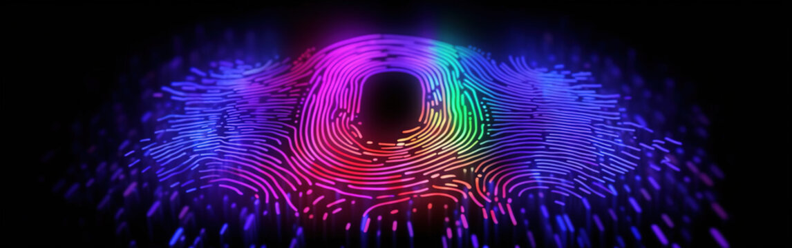 Fototapeta fingerprint as a beautiful neon hologram on golden magenta neon background. AI, machine learning, identity, security, cybersecurity, big data concept. Generative AI