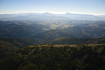 Aerial landscape view of high peaks with dark pine forest trees in wild mountains