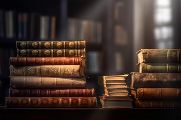 old books on wooden table blurry library in background with copy space, 