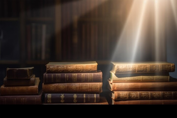 old books on wooden table blurry library in background with copy space, 