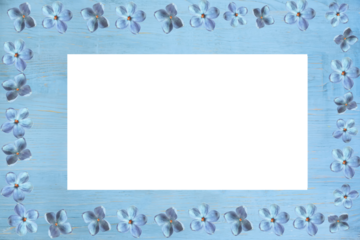 Wooden blue background with flowers along the contour and a transparent main part. Available in PNG . Floral frame.