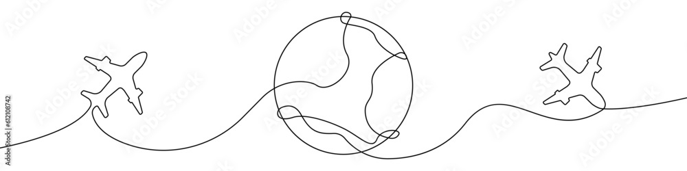 Poster planet and planes icon line continuous drawing vector. one line planet and planes icon vector backgr
