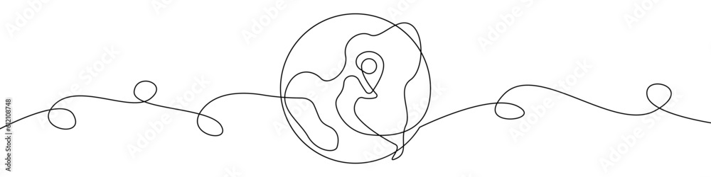 Poster planet and location marker icon line continuous drawing vector. one line planet and location marker 