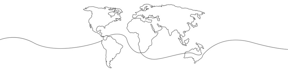World map icon line continuous drawing vector. One line World map icon vector background. World map icon. Continuous outline of a World map. - obrazy, fototapety, plakaty