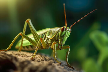 Grasshopper up close, an agile insect with fascinating features, including unique antennae, powerful hind legs, and vibrant coloration. Generative AI