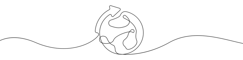 World map with arrow icon line continuous drawing vector. One line World map with arrow icon vector background. Planet with an arrow icon. Continuous outline of a Planet with an arrow.