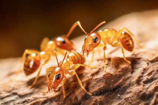 Termites in a close-up image. Termites are known for their social structure, wood-eating habits, mound construction, and ecological importance. Generative AI.