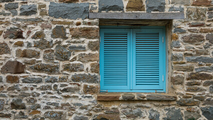 Fototapeta na wymiar Traditional Mediterranean, Aegean type stone house window with blue blinds