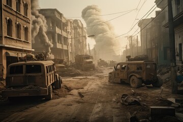 Dramatic urban scene of burnt street in Kathmandu, Nuclear war affects a city with soldiers and army, AI Generated