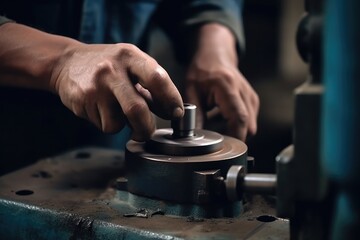 The man is working with a lathe in the factory. The concept of manufacturing. Professional industrial workers hands close up view, AI Generated
