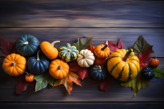 Autumn composition with pumpkins on a rustic wooden background, top view. Generative AI.