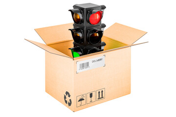 Traffic light inside cardboard box, delivery concept, 3D rendering