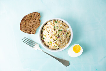 Canned Tuna red onion egg salad on the plate