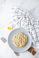 Canned Tuna red onion egg salad on the plate