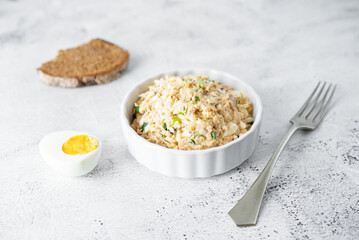 Canned Tuna red onion egg salad on the plate