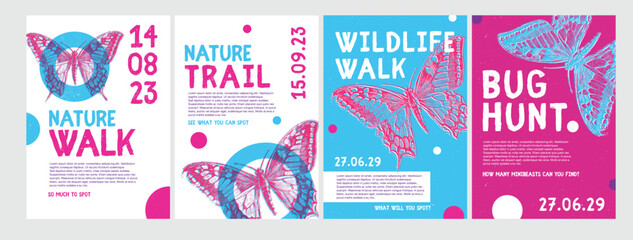 Nature Walk Trail Bug Hunt Butterfly Risograph Style Poster Designs for Events