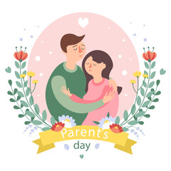 Happy parents day card. Mother and father hugging and kissing. Young family gift cartoon illustration