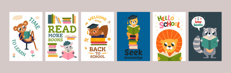 Back to school animal cards. Autumn children printable banner, reading animals with books and stationery. Educational classy vector flyers