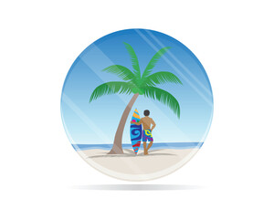 vector of a round pin-shaped scene on the beach at noon with a coconut tree and a surfer man wearing colorful abstract patterned pants and holding a surfboard