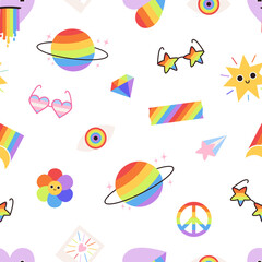 Fototapeta na wymiar Rainbow elements seamless pattern, LGBT pride family background. Cute faces, hears and stars fabric print, vector graphic texture