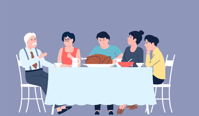 Thanksgiving dinner with family and turkey. People sitting at table with traditional meals. Holiday lunch, happy eating group, recent vector scene