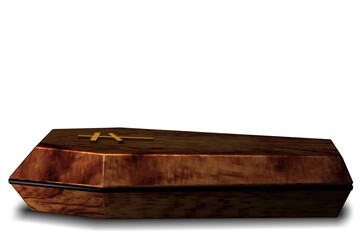 Wooden coffin with a Christian cross on a white background. The concept of humanity's last home.