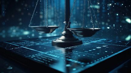 Law scales on background of data center. Digital law concept of duality of Judiciary, Jurisprudence and Justice and data in the modern world. Copy space. Based on Generative AI